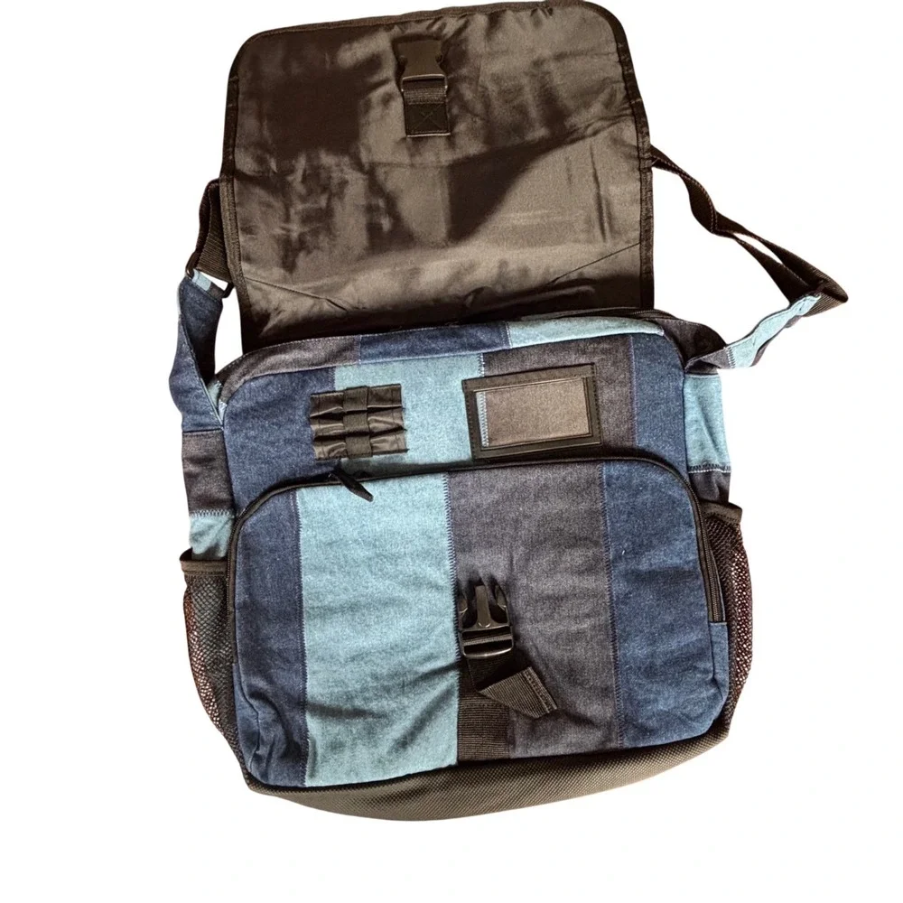 TerraCycle Denim Laptop Messenger Bag Upcycled Patchwork Blue Eco Friendly NWT